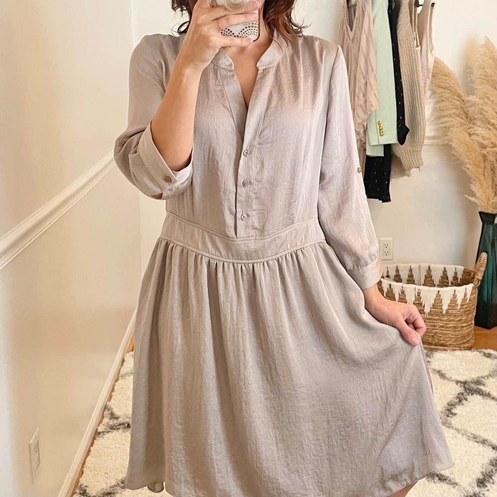 Aqua Satin Button Front Fit & Flare Dress Taupe L